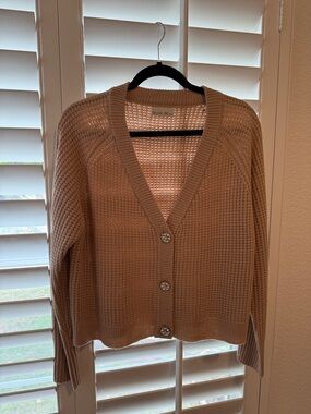 Waffle-Knit Beige V-Neck Cardigan with Jeweled Buttons